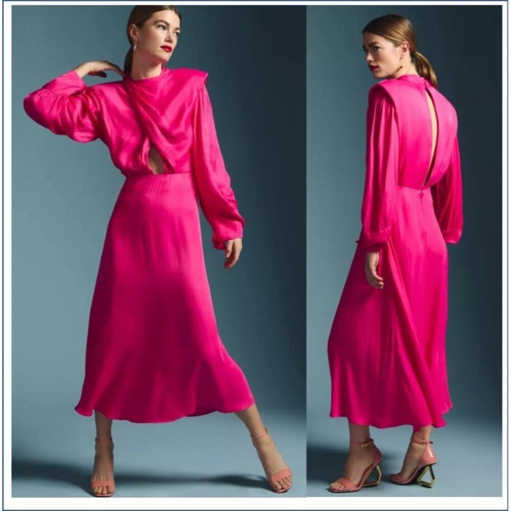 NWOT Farm Rio Satin Maxi Dress | Draped Bodice, Cutout, Padded Shoulders size L